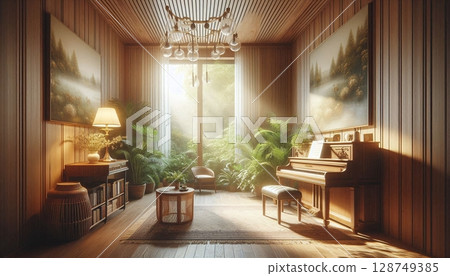 Modern Rustic Living Room with Wooden Walls and Cozy Warm Lighting 128749385