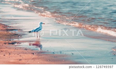Watercolor illustration of a seagull standing on the beach - A blue-toned landscape that exudes tranquility and spaciousness Watercolor illustration of a seagull standing on the beach - A blue-toned landscape that exudes tranquility and spaciousness 128749397