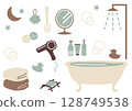 An illustration of a cute chocolate mint colored bath set with a bathtub and shower 128749538