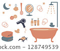Illustration of a cute retro colored bath set with a bathtub and shower 128749539