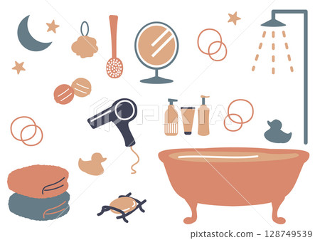 帶有浴缸和淋浴的可愛復古彩色沐浴套裝的插圖 帶有浴缸和淋浴的可愛復古彩色沐浴套裝的插圖 128749539