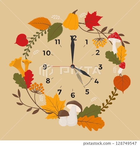 Fallen leaves, mushrooms and pumpkins lying in a circle. 128749547