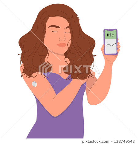 Diabetic woman with continuous glucose monitor on her arm.  128749548