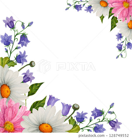 Watercolor corner frame of hand painted colorful wildflowers and botanical greenery. Design for invitation, cards, textile Watercolor corner frame of hand painted colorful wildflowers and botanical greenery. Design for invitation, cards, textile 128749552