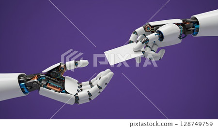 Robotic hand passing a blank white business card to another robot arm. Artificial intelligence concept for futuristic interaction. 128749759
