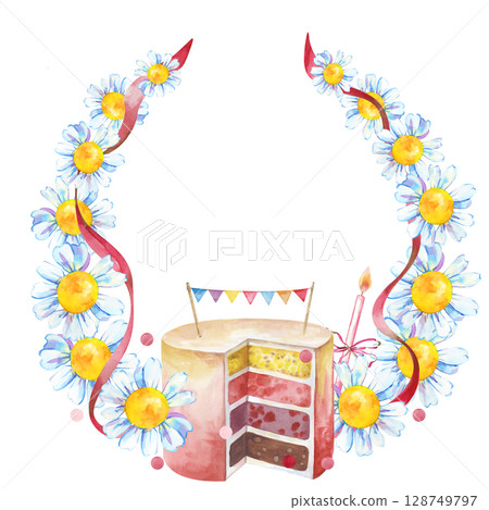 A frame of daisies with a red ribbon and a birthday cake with hand-drawn flags and a candle. Watercolor illustration for baby shower. A template with an empty place to insert. 128749797