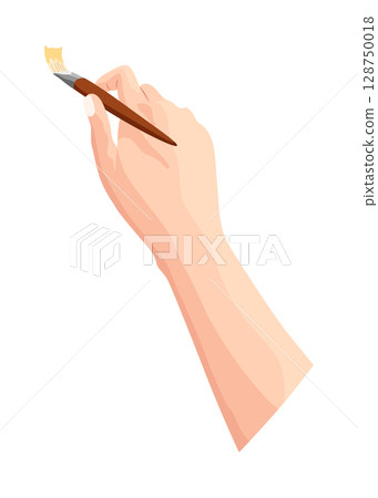 Hand holding paintbrush. Brush painting on white. Art drawing hand of an artist in cartoon style. Vector flat illustration isolated on white background Hand holding paintbrush. Brush painting on white. Art drawing hand of an artist in cartoon style. Vector flat illustration isolated on white background 128750018