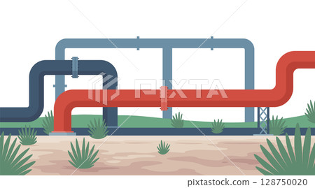 Oil gas. Oil industry, gas production. Petroleum pipelines. Oil industry extraction and refinery production. Petroleum industry design vector cartoon illustration 128750020