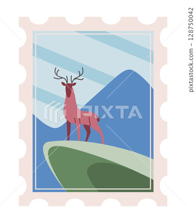 Postage stamp, icon. Hand drawn design, concept of travel. Retro postcard stickers, flat color vector illustration isolated on background Postage stamp, icon. Hand drawn design, concept of travel. Retro postcard stickers, flat color vector illustration isolated on background 128750042