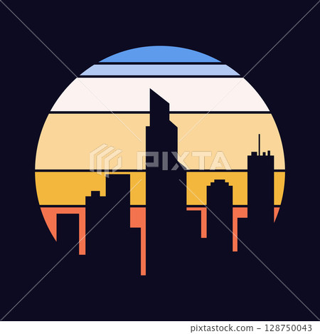 Retro sunset logo in striped style. Circle colored vintage pictures for badges. Tourism or traveling concept, adventure logotype. Cartoon vector illustration 128750043
