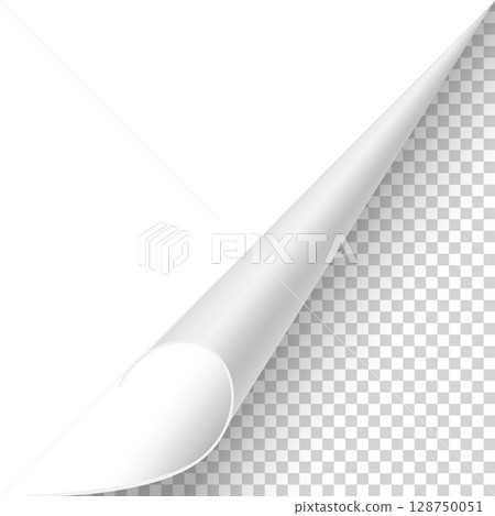 Curled paper corner. Curve page corner, page edge curl and bent paper sheet with realistic shadow. Paper corner fold isolated on white background Curled paper corner. Curve page corner, page edge curl and bent paper sheet with realistic shadow. Paper corner fold isolated on white background 128750051