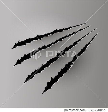 Bear or tiger claw mark. Scratches and torn traces of vector animal paw slashes. Hole in sheet of paper with torn edges. Vector illustration Bear or tiger claw mark. Scratches and torn traces of vector animal paw slashes. Hole in sheet of paper with torn edges. Vector illustration 128750054
