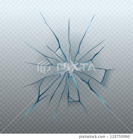 Realistic glass crack isolated on transparent background. Vector illustration of broken window, monitor display, gadget screen, car windshield, gunshot effect. Accident design element 128750060