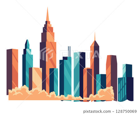 City downtown with skyscrapers, business buildings, clouds, blue sky. City center downtown cityscape view. Big city buildings. Town real estate clipart. Flat vector illustration isolated on background 128750069