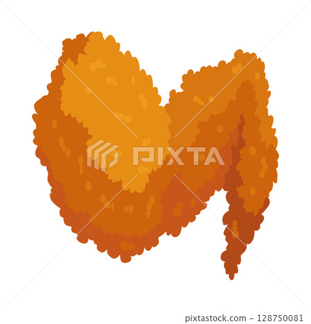 Fried chicken. Crispy fried chicken wing isolated on white background. Beautiful delicious in cartoon style. Fresh fast food fry meat Fried chicken. Crispy fried chicken wing isolated on white background. Beautiful delicious in cartoon style. Fresh fast food fry meat 128750081
