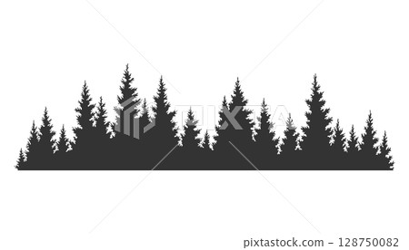 Fir trees silhouette. Coniferous spruce horizontal background pattern, black evergreen woods vector illustration. Beautiful hand drawn panorama of coniferous forest 128750082