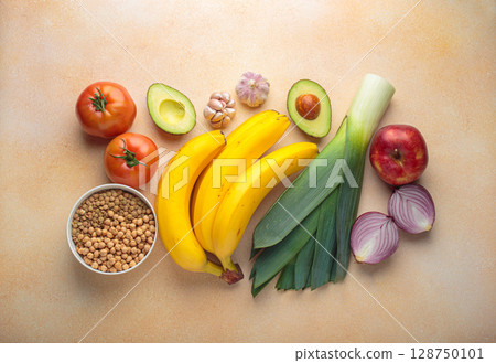 Prebiotic foods promoting gut health and wellness top view Prebiotic foods promoting gut health and wellness top view 128750101