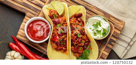 Mexican chili con carne tacos with lime, ketchup, sour cream and fresh herbs on wooden board top view Mexican chili con carne tacos with lime, ketchup, sour cream and fresh herbs on wooden board top view 128750132