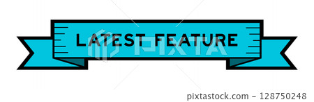 Ribbon label banner with word latest feature in blue color on white background 128750248