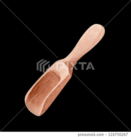 A wooden scoop with smooth texture and natural color watercolor illustration isolated on black. Ideal for kitchen designs, organic product packaging, recipe books, and eco-friendly branding projects A wooden scoop with smooth texture and natural color watercolor illustration isolated on black. Ideal for kitchen designs, organic product packaging, recipe books, and eco-friendly branding projects 128750267