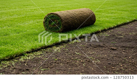 Roll of new green grass sod being laid on prepared soil. Lawn installation with fresh turf rolls for landscaping project. Roll of new green grass sod being laid on prepared soil. Lawn installation with fresh turf rolls for landscaping project. 128750313