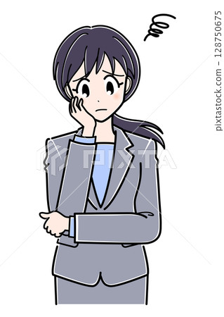 一位身穿西裝、表情困擾的辦公室女士(上半身) 一位身穿西裝、表情困擾的辦公室女士(上半身) 128750675