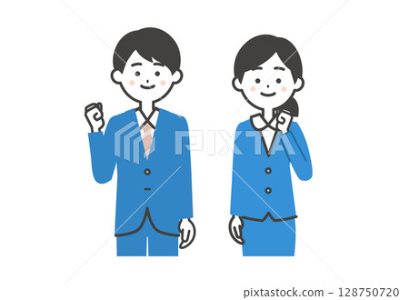 Illustration of a man and woman in suits posing in a fist pump Illustration of a man and woman in suits posing in a fist pump 128750720