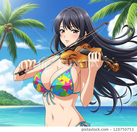 Beautiful swimsuit woman playing violin on the beach 128750753