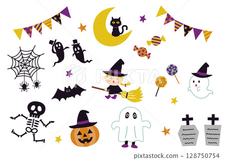 Cute Halloween material set Witch and ghost illustrations 128750754