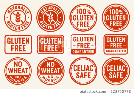 Gluten free grunge stamp collection. Gluten free sticker, label or template set. Gluten free badge icon sign. Celiac safe. Diet concept. Vector illustration image. Isolated on white background. Gluten free grunge stamp collection. Gluten free sticker, label or template set. Gluten free badge icon sign. Celiac safe. Diet concept. Vector illustration image. Isolated on white background. 128750778