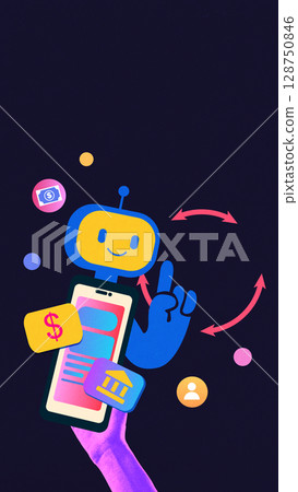 Digital composition of smiling chatbot over smartphone with finance icons on dark background 128750846