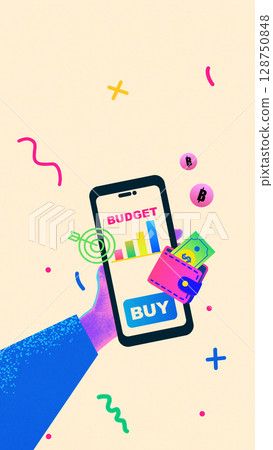 Collage of hand holding phone screen with budget bar chart, wallet, money and bitcoin icons 128750848