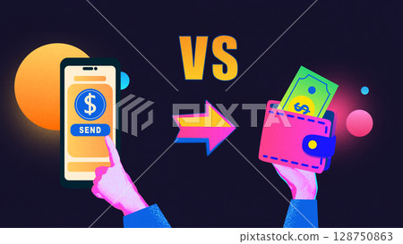 Creative composition of phone sending money versus wallet holding cash with bright neon elements Creative composition of phone sending money versus wallet holding cash with bright neon elements 128750863