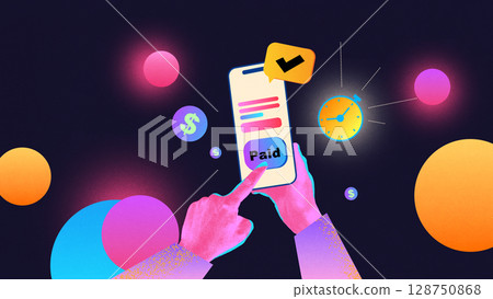 Bold colorful poster of finger tapping paid button on mobile phone with stopwatch and icons Bold colorful poster of finger tapping paid button on mobile phone with stopwatch and icons 128750868