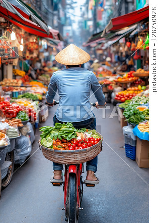 A woman riding a bike with a basket full of vegetables on the back 128750928
