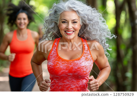 A woman in a red tank top running with two other women in the background 128750929