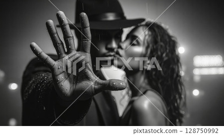 A man and a woman kissing in the rain 128750992