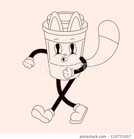 Retro groovy cat character with tail in the form of a disposable cup in line art style. Walking cartoon mascot with ears. Hand drawn illustration isolated on a light background. 128751007