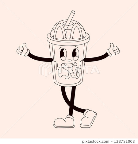 Groovy drink character shows thumbs up and tongue in line art style. Vintage cat character isolated on a light background. Groovy drink character shows thumbs up and tongue in line art style. Vintage cat character isolated on a light background. 128751008