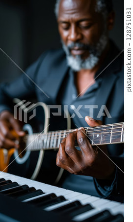 A man playing a guitar and playing a keyboard 128751031