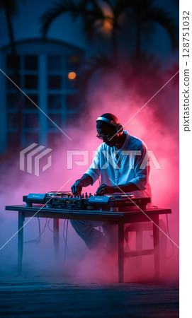 A man in a white shirt and headphones playing a dj set on a table 128751032