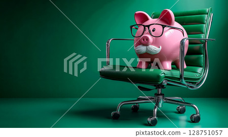 A pink piggy bank sitting on top of a green office chair 128751057