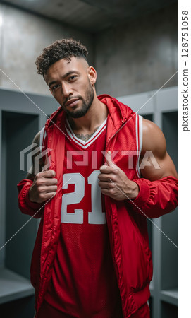 A man in a red jacket standing in a locker room 128751058