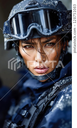 A woman wearing a helmet and goggles in the snow 128751083