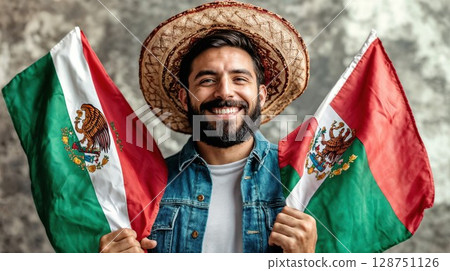Cheerful man in traditional Mexican sombrero holding national flags celebrates cultural heritage. His genuine smile and denim jacket create modern patriotic portrait against textured background 128751126