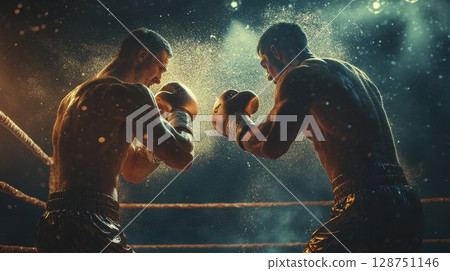 Two skilled boxers are intensely fighting in the boxing ring 128751146