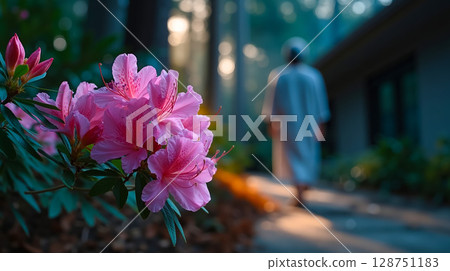 A person walking down a sidewalk next to a bush of pink flowers 128751183