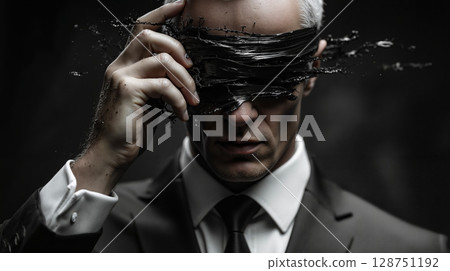 A man in a suit with a blindfold over his eyes A man in a suit with a blindfold over his eyes 128751192