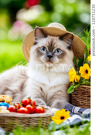A cat wearing a straw hat sitting in a basket of flowers 128751230