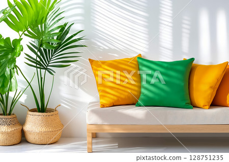 A white couch with three colorful pillows on it next to a potted plant 128751235